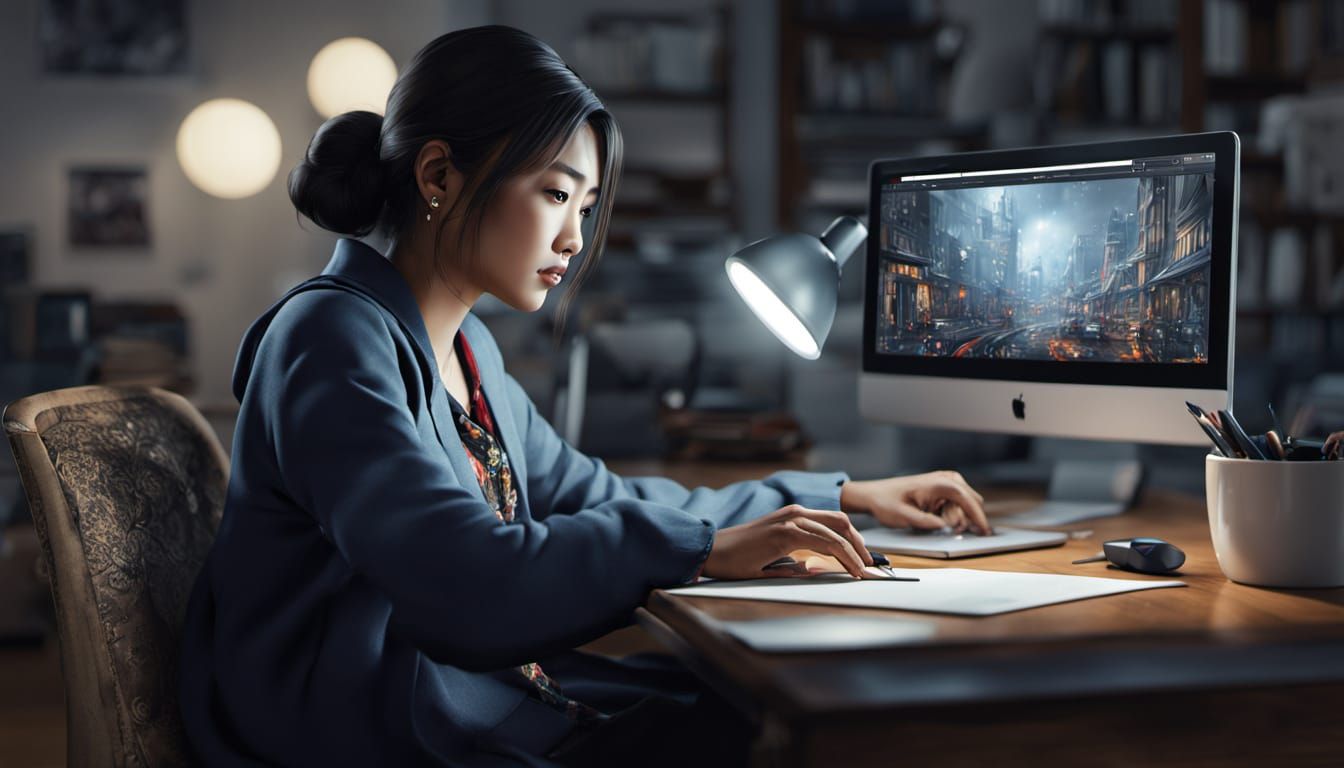 Beautiful Woman Uploads Photos on Laptop in Modern Office
