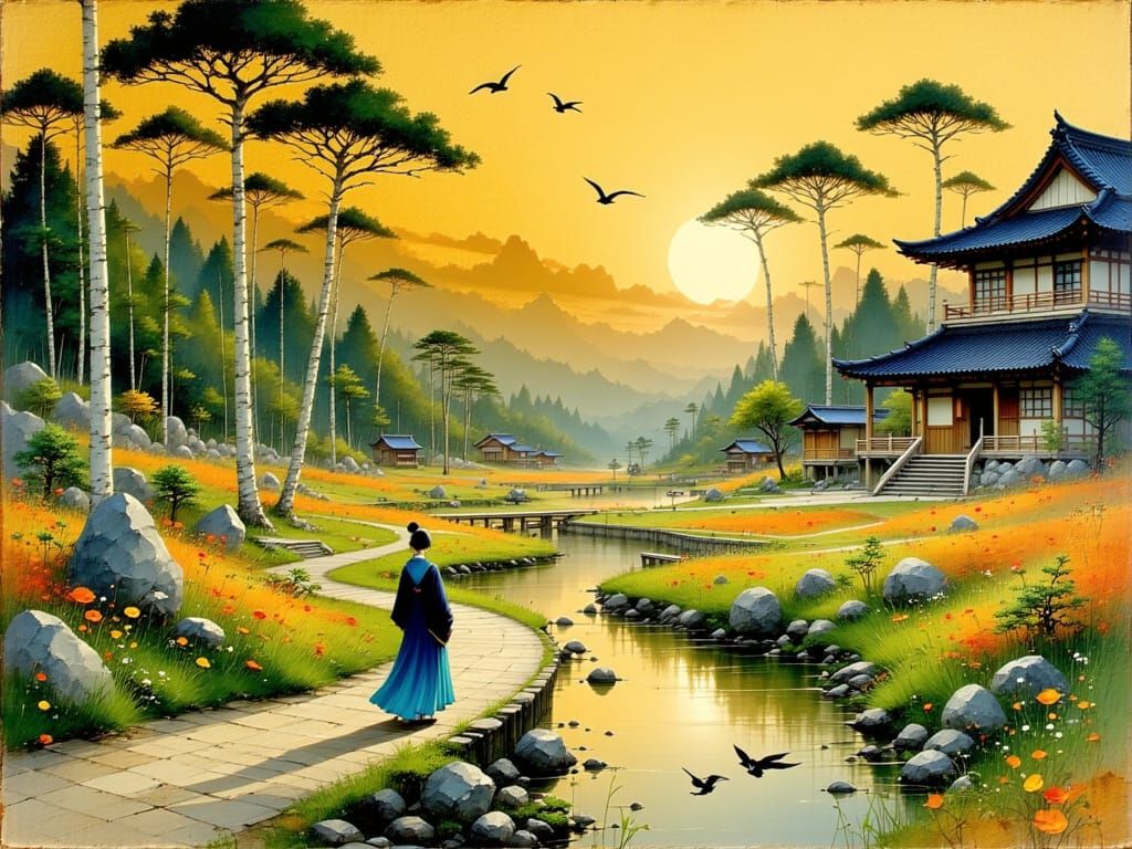 Tranquil Japanese Village in Nihonga Style