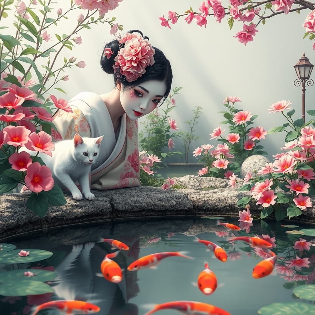 Geisha and Cat at Koi Pond, Matte Painting