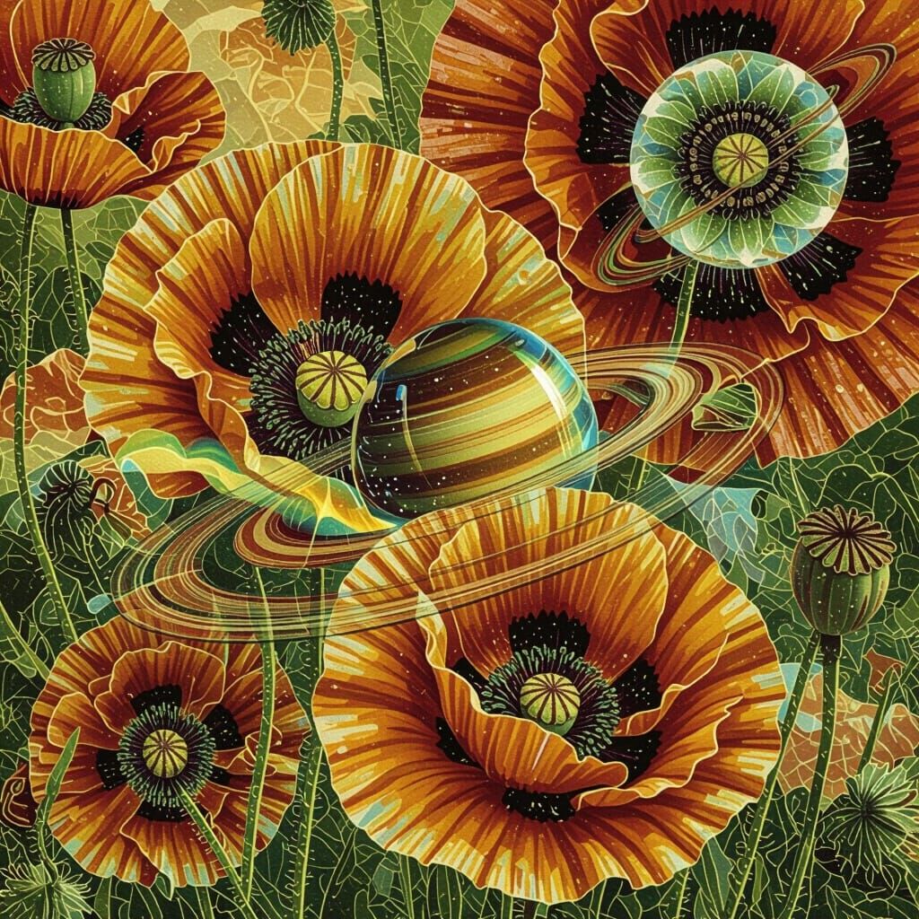 Psychedelic Poppy with Glass Saturn Planet