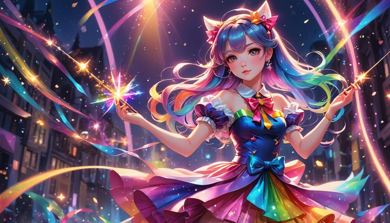 Magical Girl with Rainbow Magic in Kawaii Style