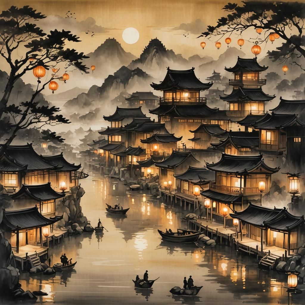 Sumi-e Cityscape with Lanterns in Golden Light