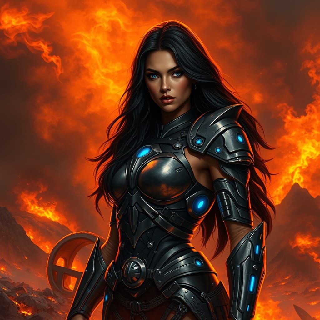 Cyberpunk Warrior Goddess in Smoldering Inferno