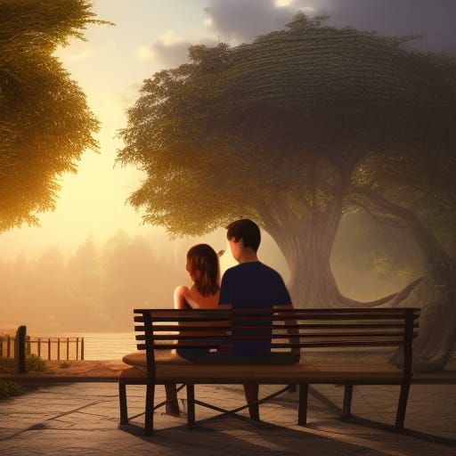 Romantic Sunset: Couple on Bench in Detailed Painting