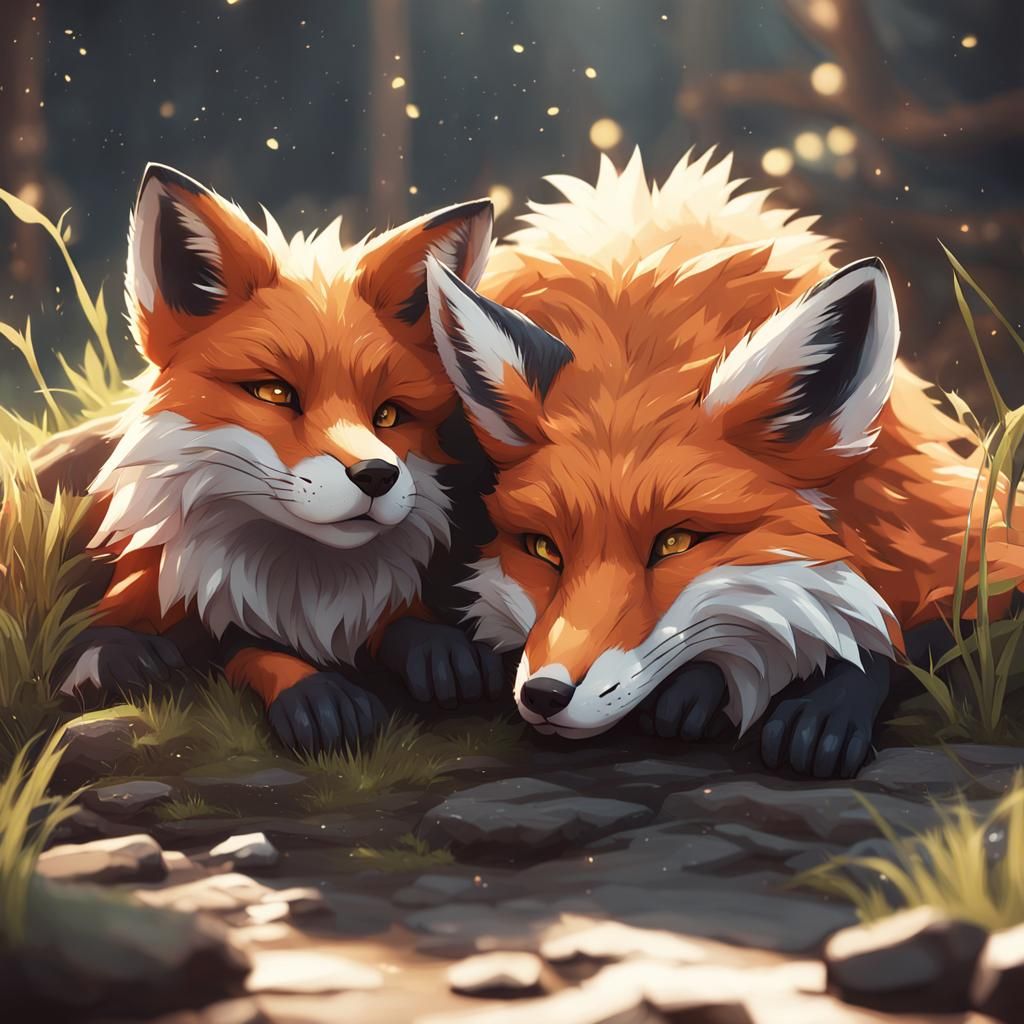 Anime Style Foxes in Detailed 3D Landscape