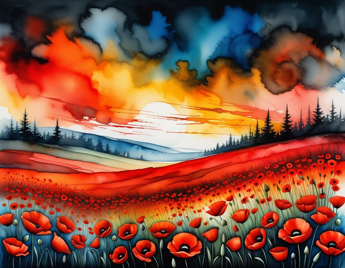 Warm Liquid Ink Watercolour Painting with Vibrant Poppies