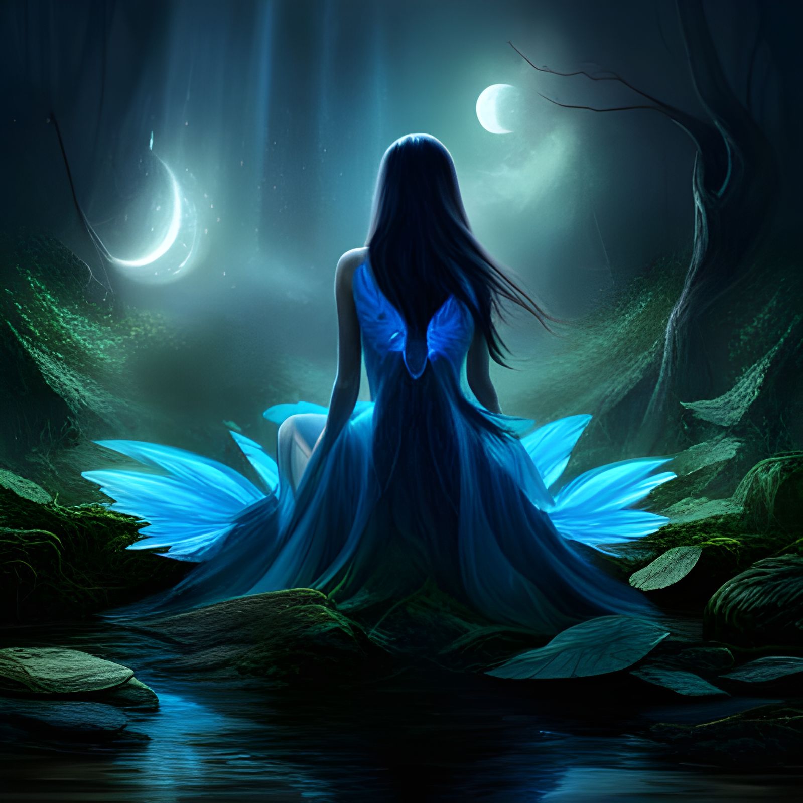 Blue-Winged Fairy on Forest Stream, Fantasy Art