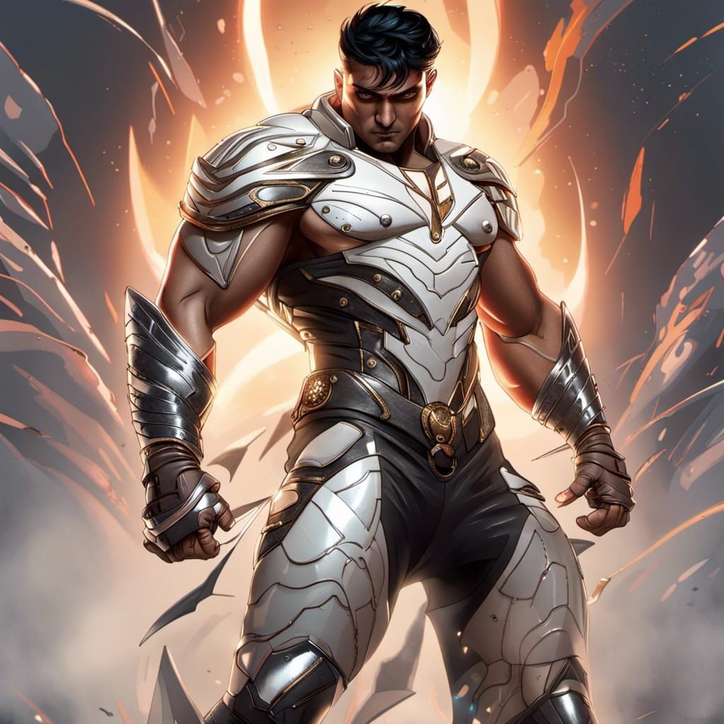 Indian Superhero in Steel Armor on Battlefield