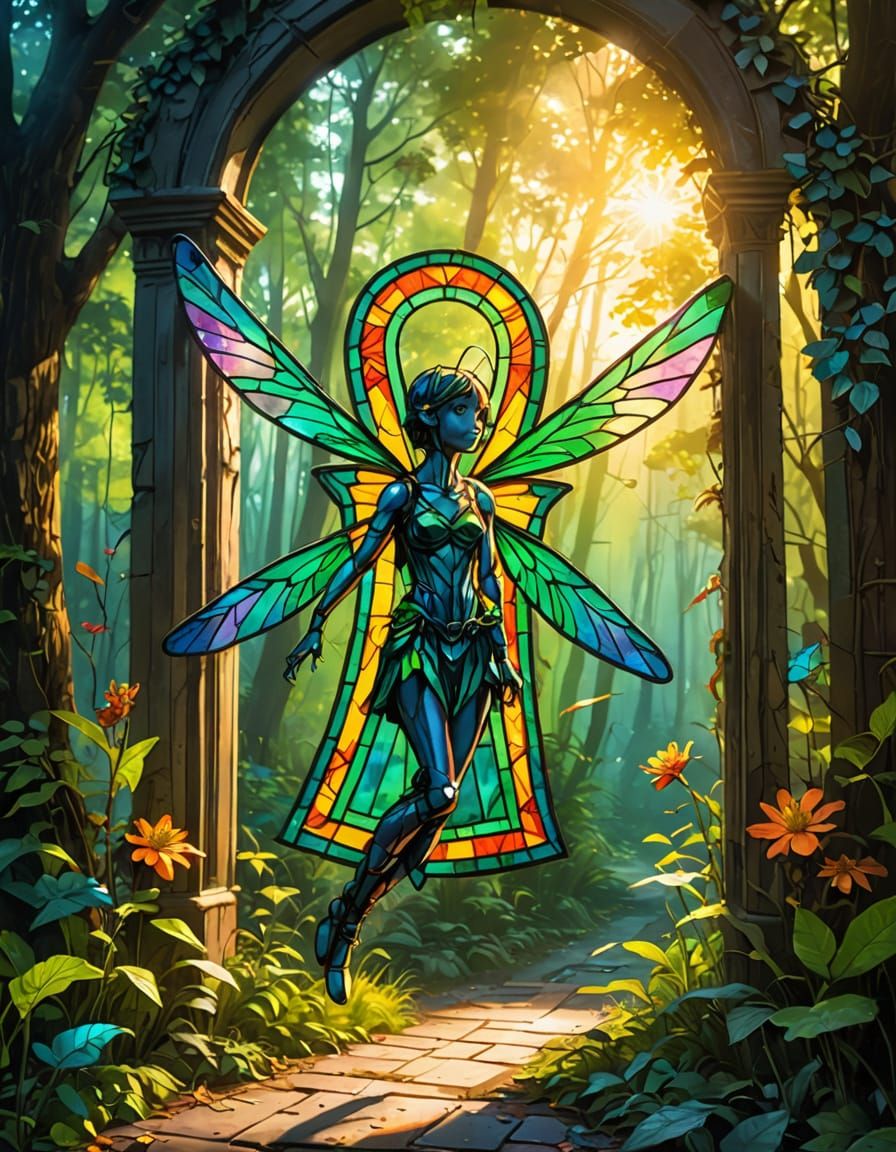 Vibrant Fairy Soars in Enchanted Forest Dawn