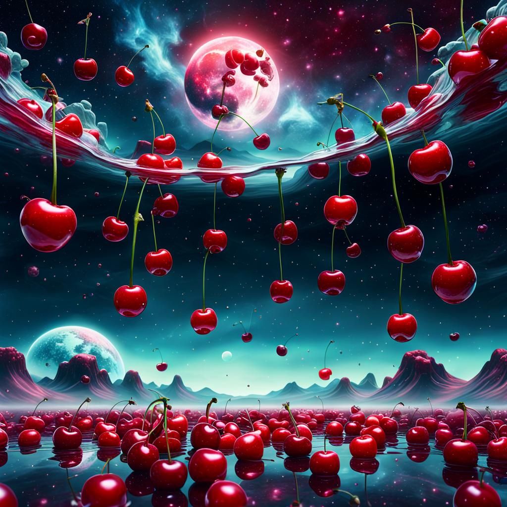 Cherries in Cosmic Dreamscape: Surreal 8K Artwork