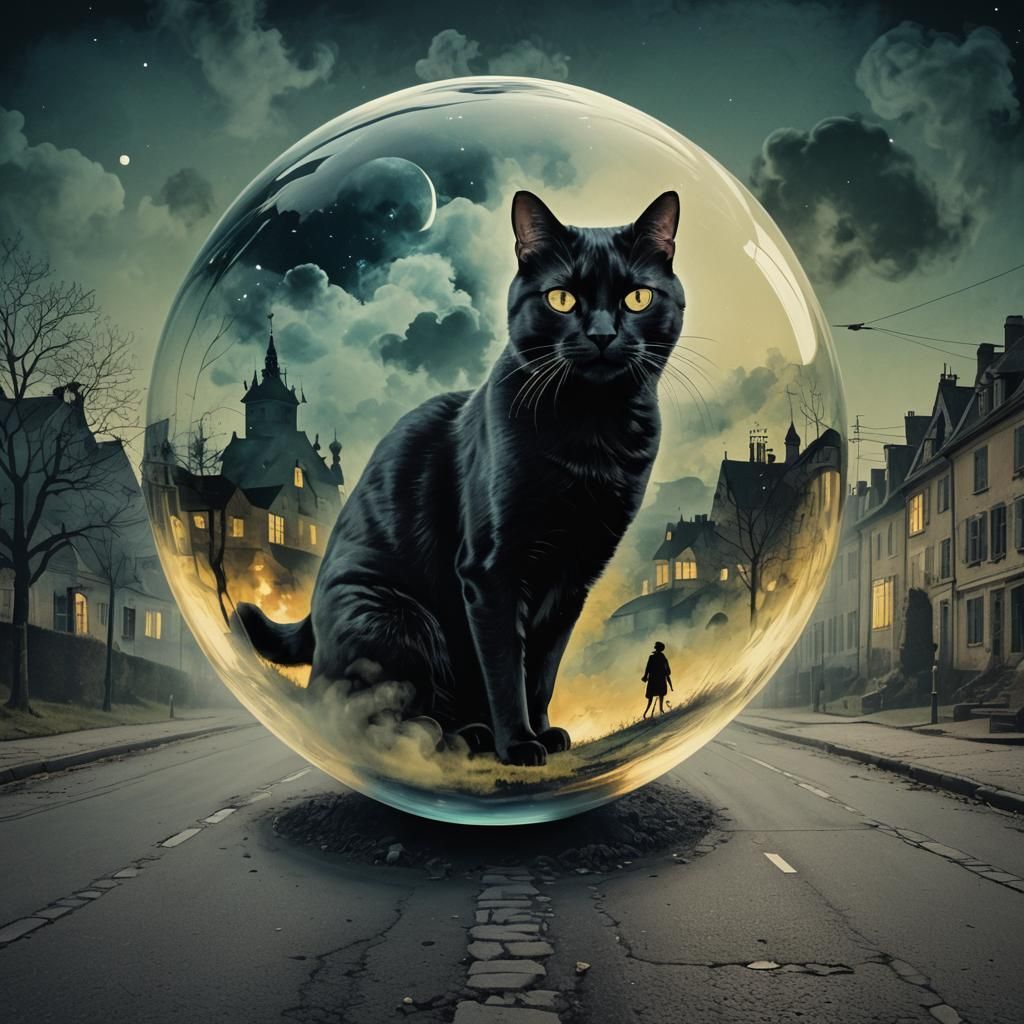 Black Cat Crossing Smoky Street in Pop Art Style