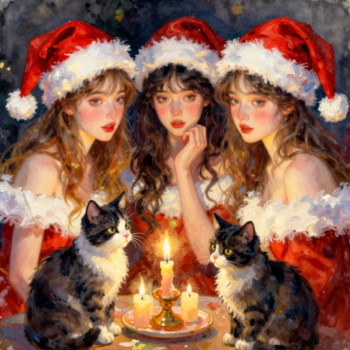 Beautiful Women in Santa Hats with Cats and Candles