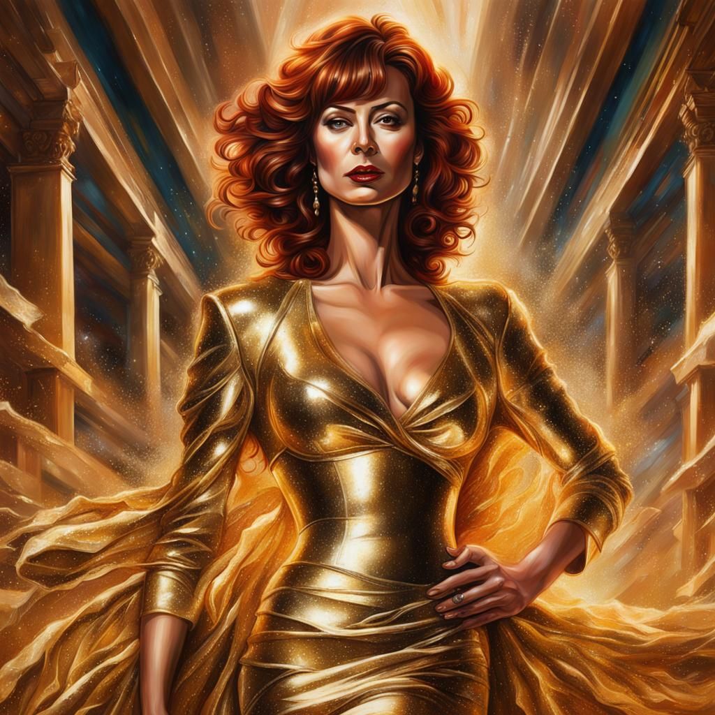 Hyperrealistic Portrait: Woman with Red Hair in Gold Gown