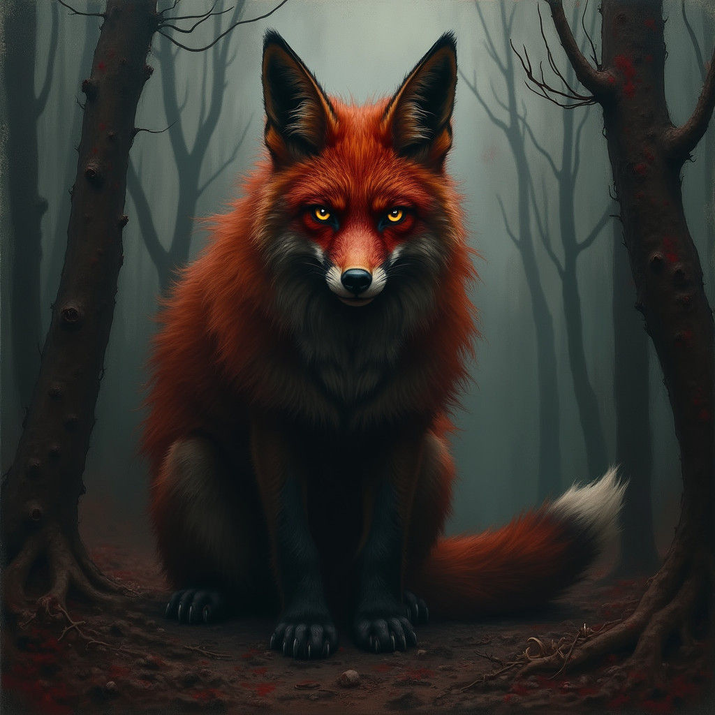 Menacing Blood-Stained Fox in Dark Forest