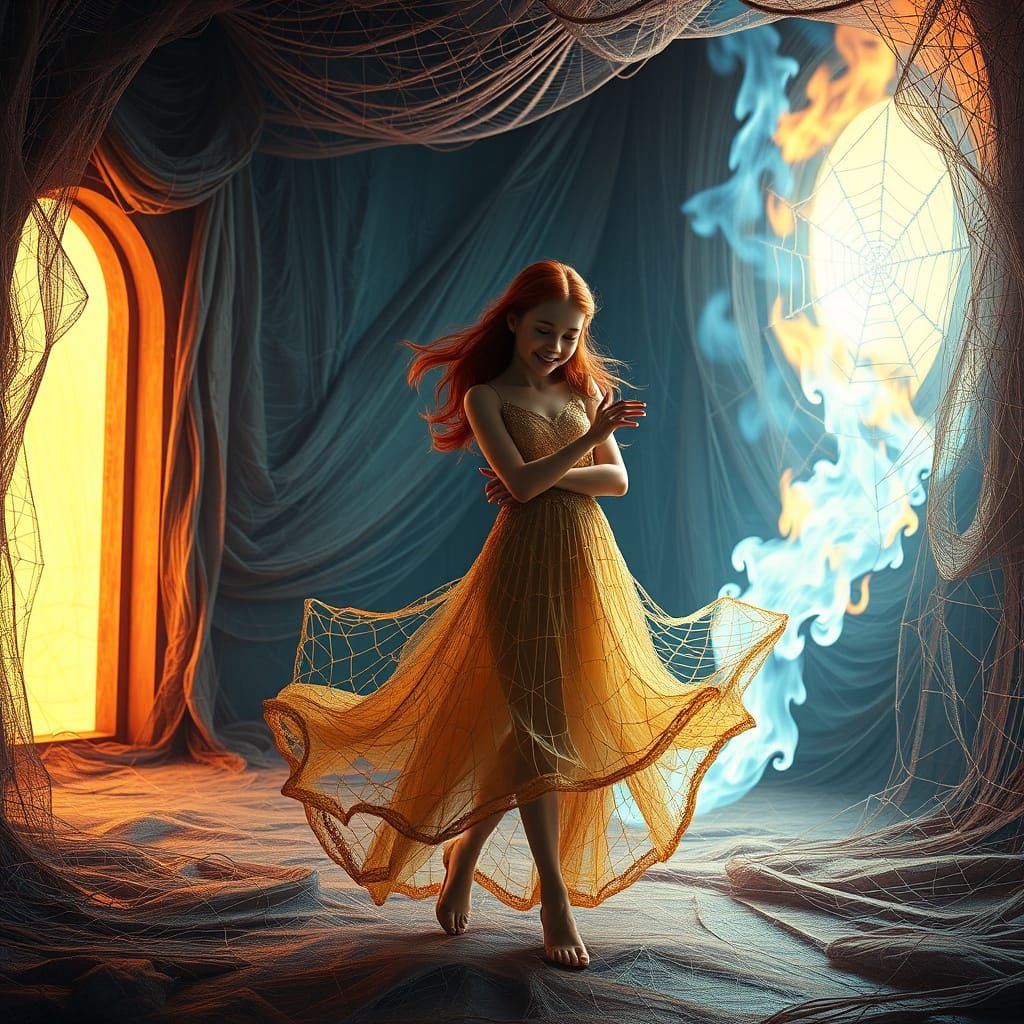Girl Dances with Fire Spirit in Spiderweb Room