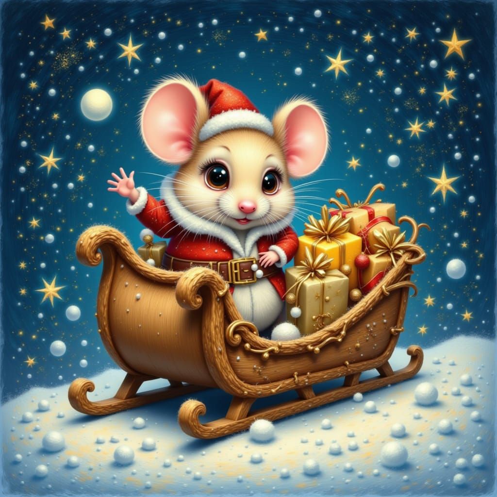 santa mouse in a sleigh.