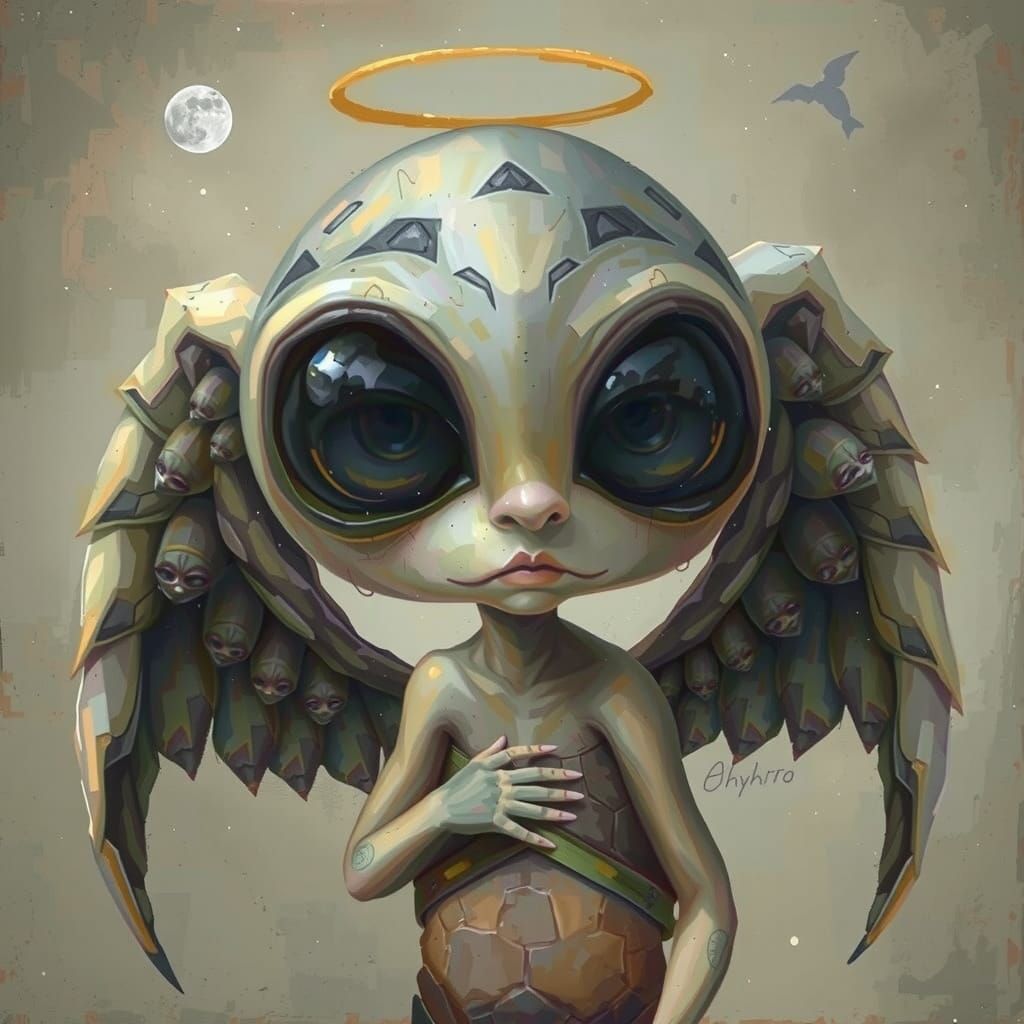 Whimsical Angelic Alien Turtle in Dreamlike Landscape