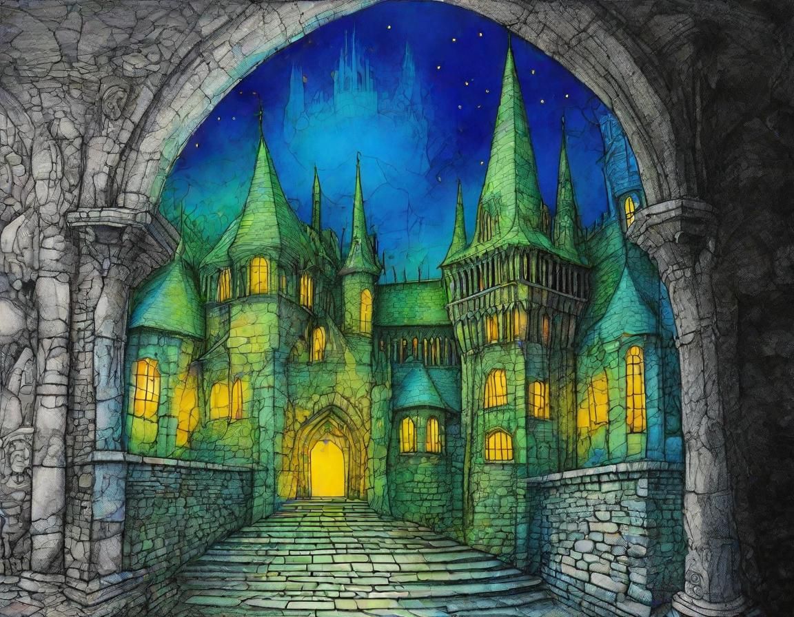 Medieval Castle in Tim Burton Style Charcoal Drawing