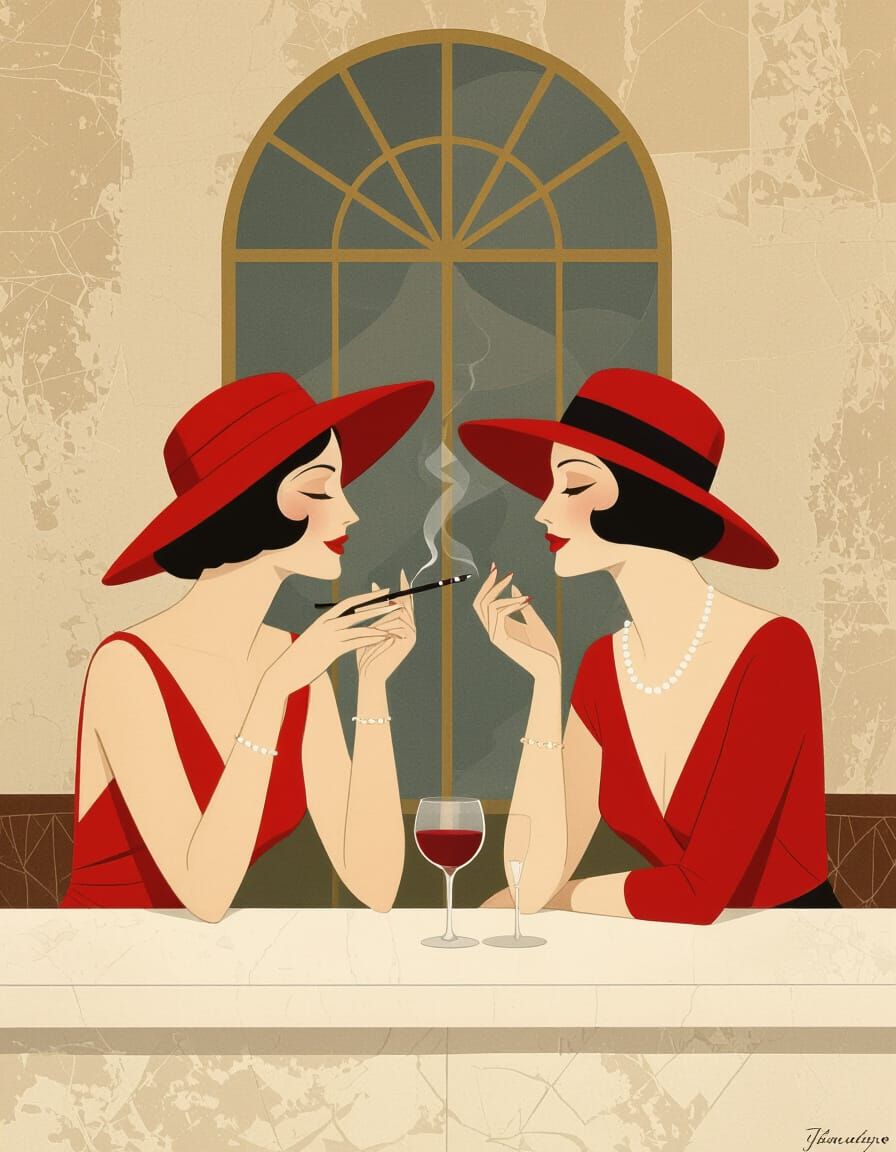 Art Deco Women in Red Dresses Conversation