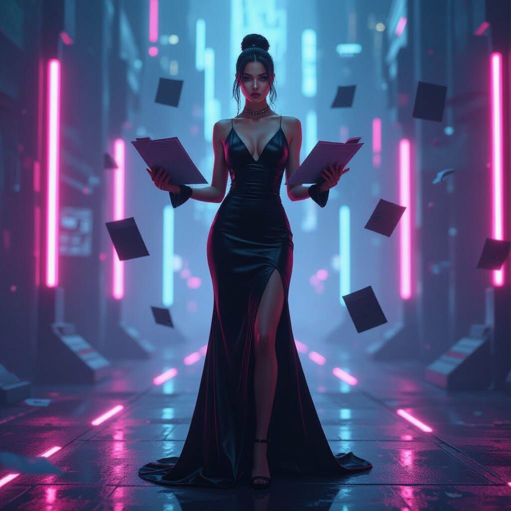 Woman Claims Credits in Cyberpunk Neon Future