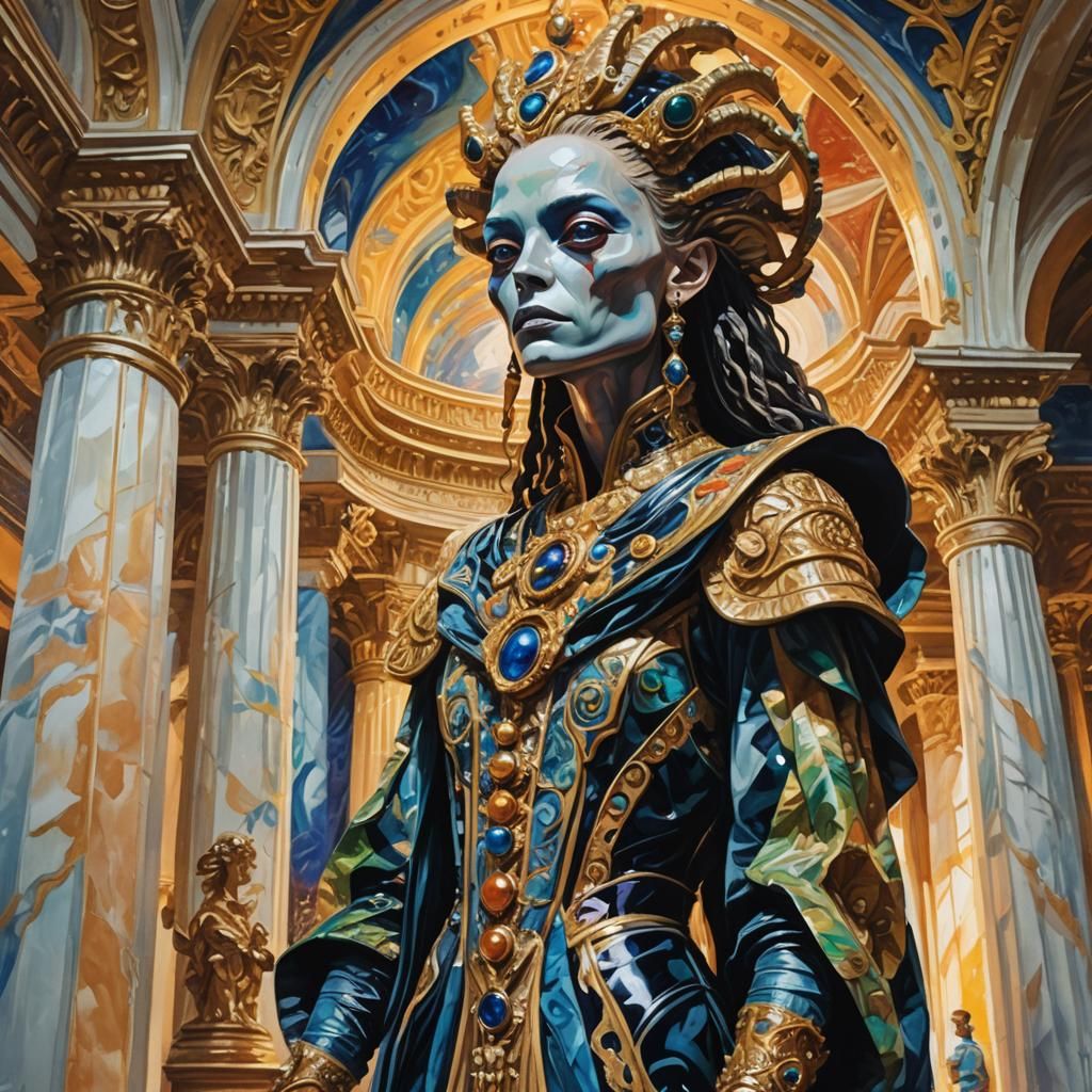 Alien Fashion Model in Ornate Hallway as Impasto Painting