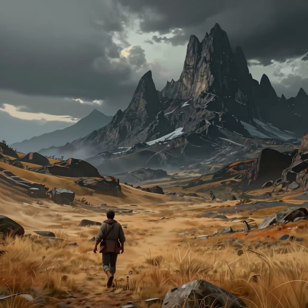 Man Flees Epic Storm in Fantastical Mountain Landscape