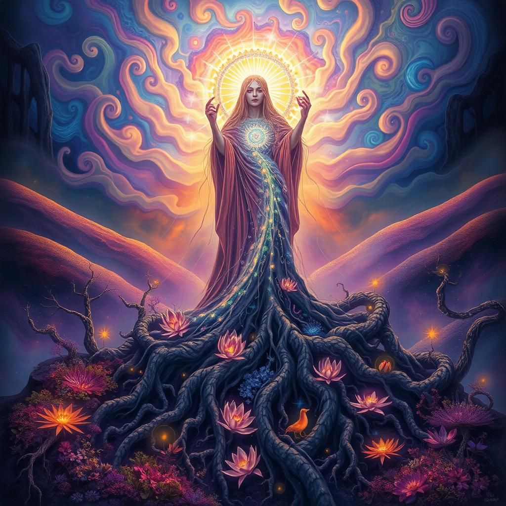 Mystical Being Emerges in Dreamlike Landscape