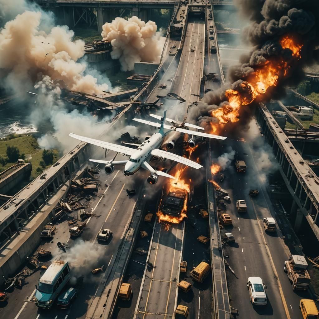 Dramatic Plane Crash on Bridge: Cinematic Film Still