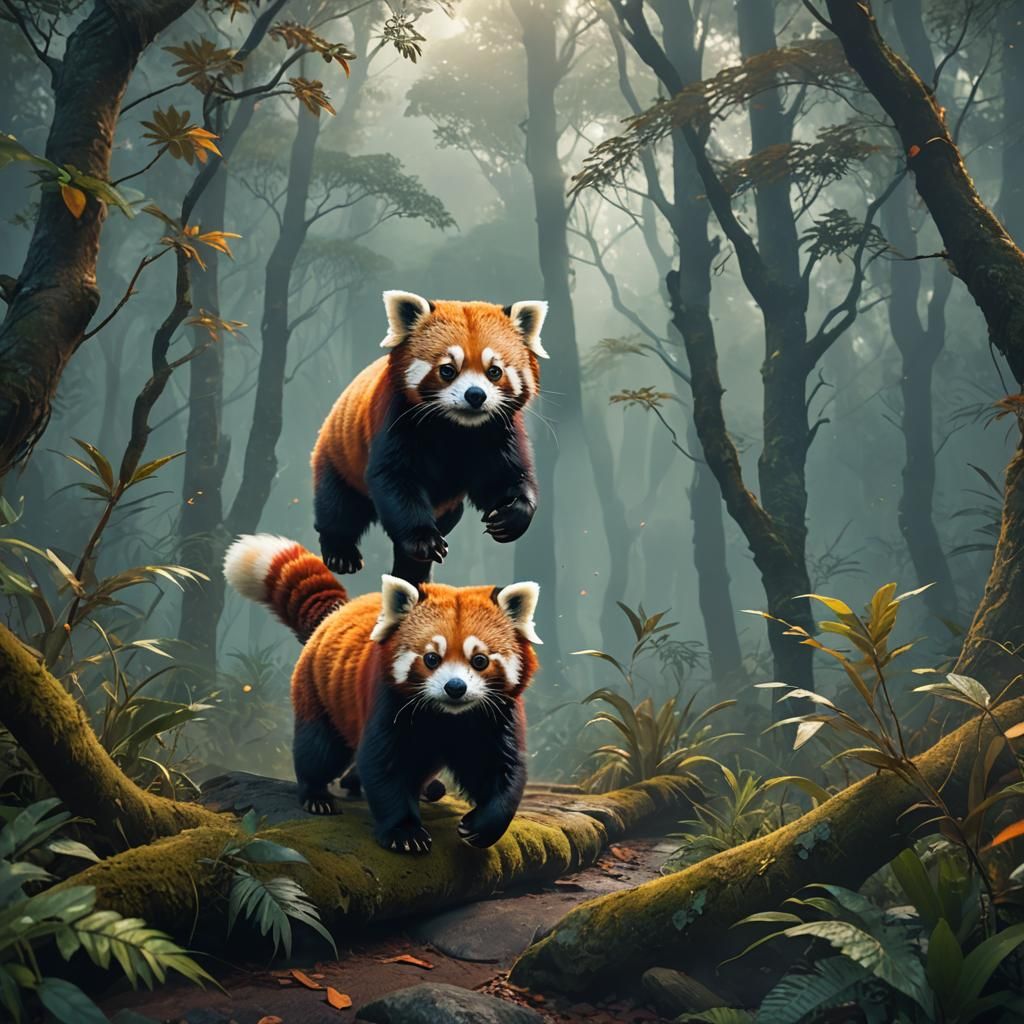 Red Panda Runs Through Misty Forest