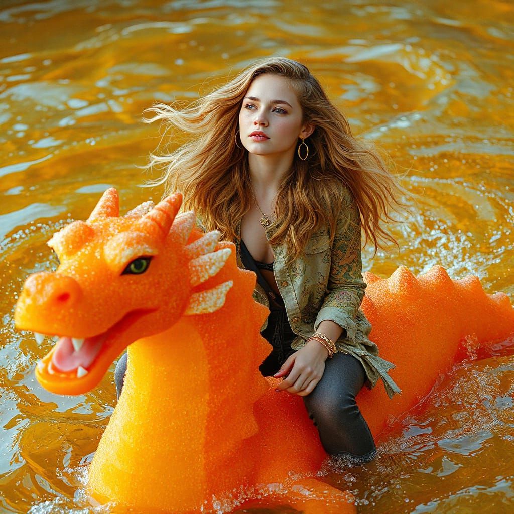 Woman on Gummy Dragon in Neon Futurism Style