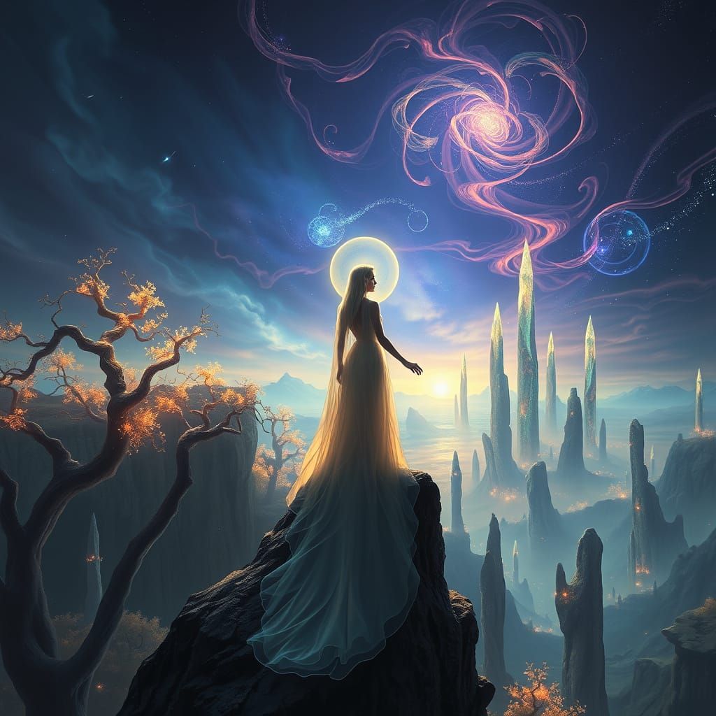 Enchanted Ethereal Goddess Amidst Dreamlike Landscape