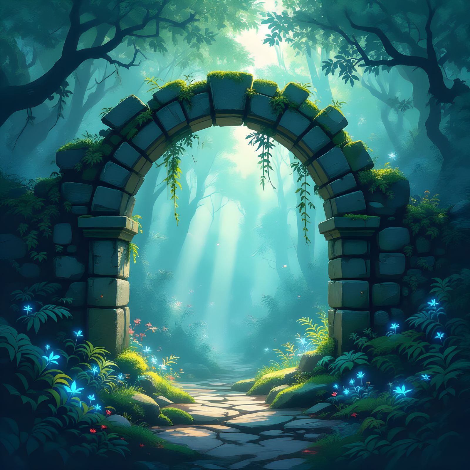 Bioluminescent Forest Archway in Watercolor Style