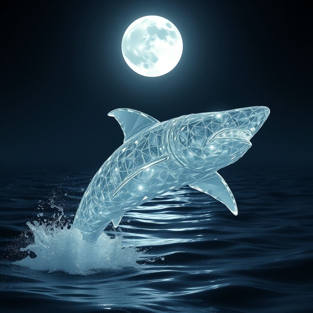 Celestial Glass Shark Leaps into Moonlit Ocean