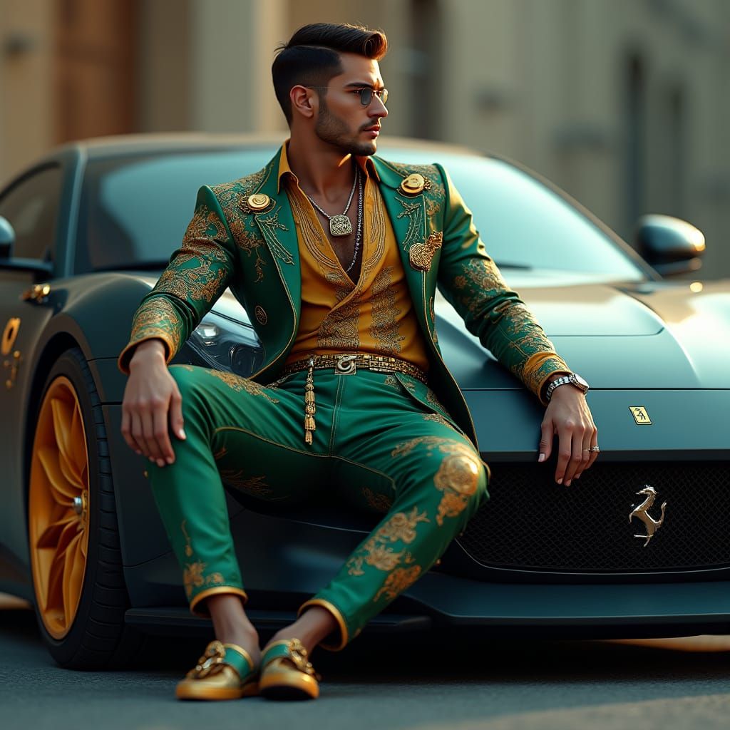 Futuristic Ferrari Enthusiast in Opulent Cyberpunk Attire