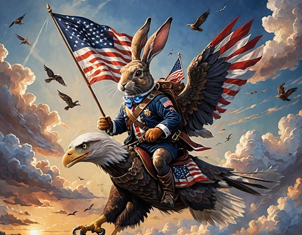Patriotic Rabbit Riding Bald Eagle with American Flag