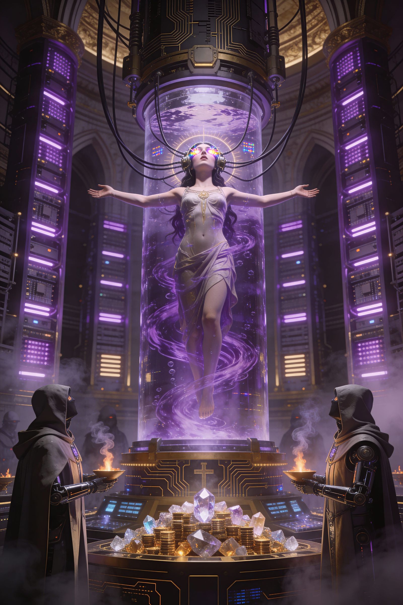 Quantum Oracle: Woman's Vision in Cyberpunk Cathedral