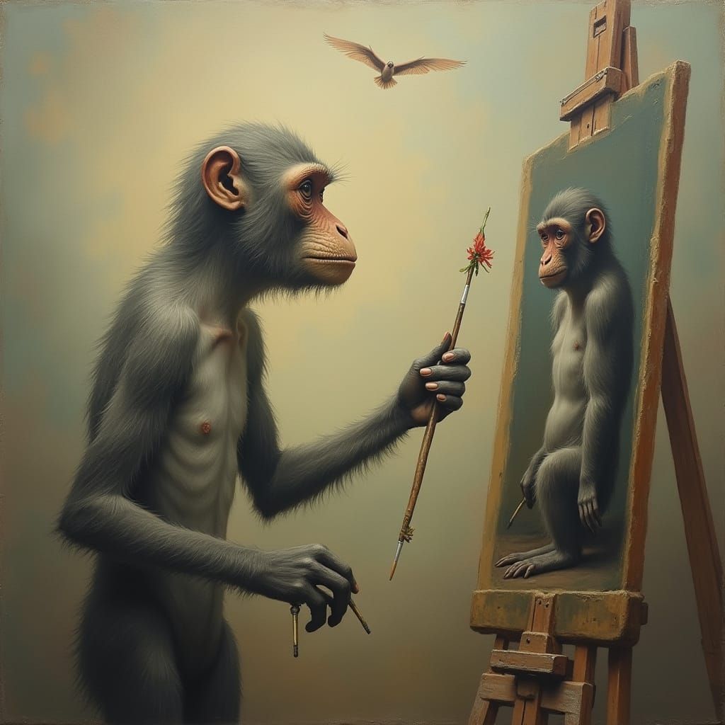 Surreal Monkey Artists Painting in Dreamlike Expanse