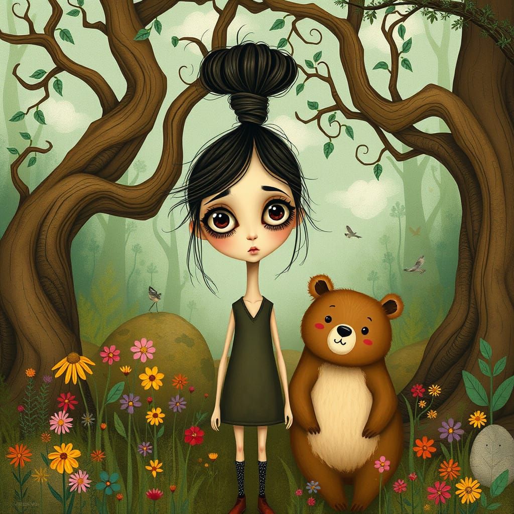 Whimsical Woodland Girl with Gentle Bear Companion
