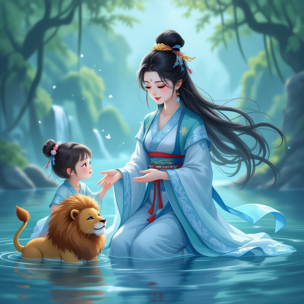 Mythological Water Spirit Playing with Girl and Lion