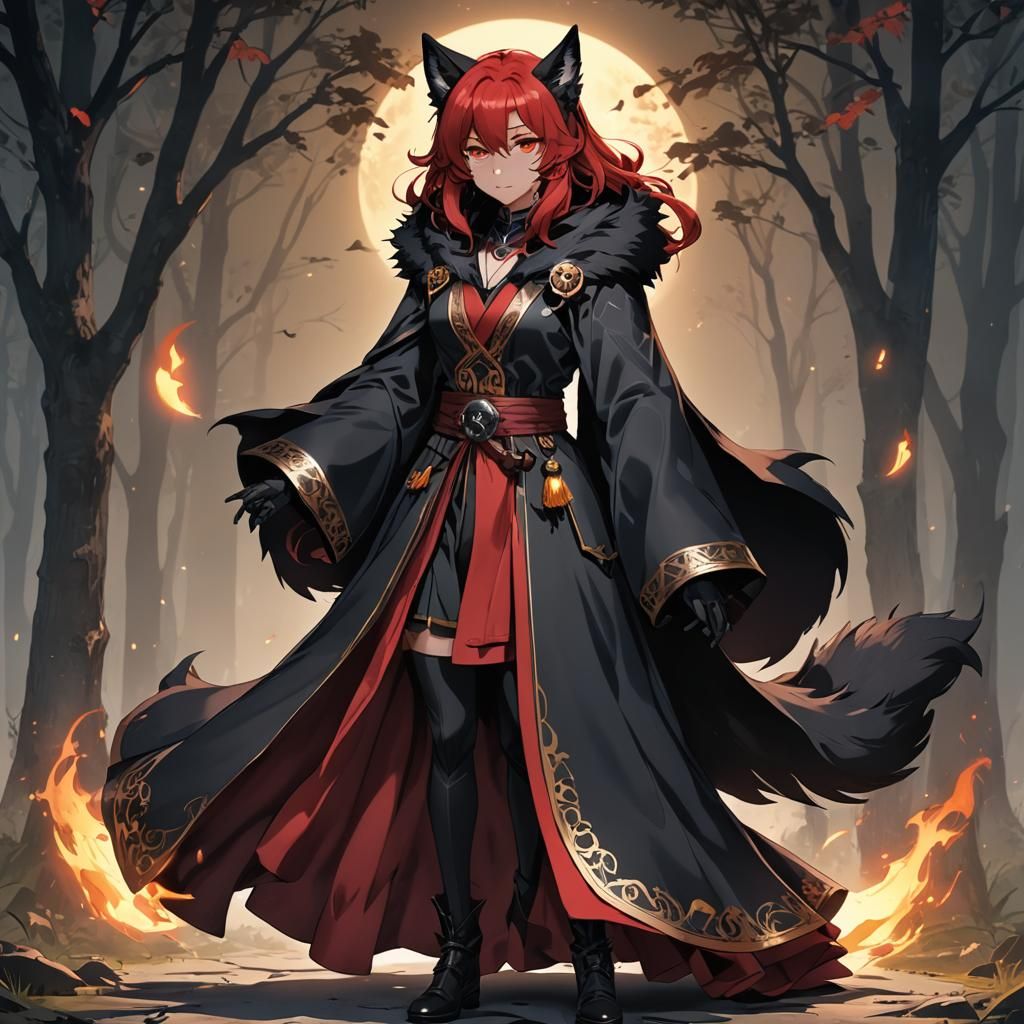Anthropomorphic Black Wolf Witch in Anime Style