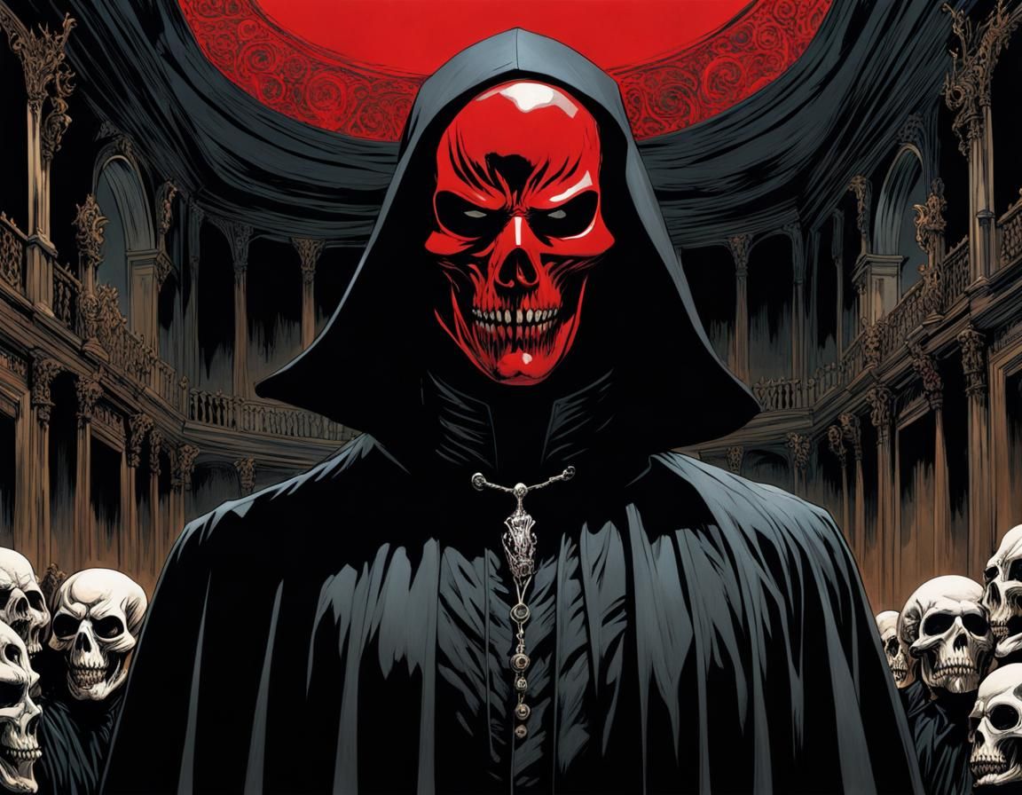Creepy Man in Red Skull Mask Portrait