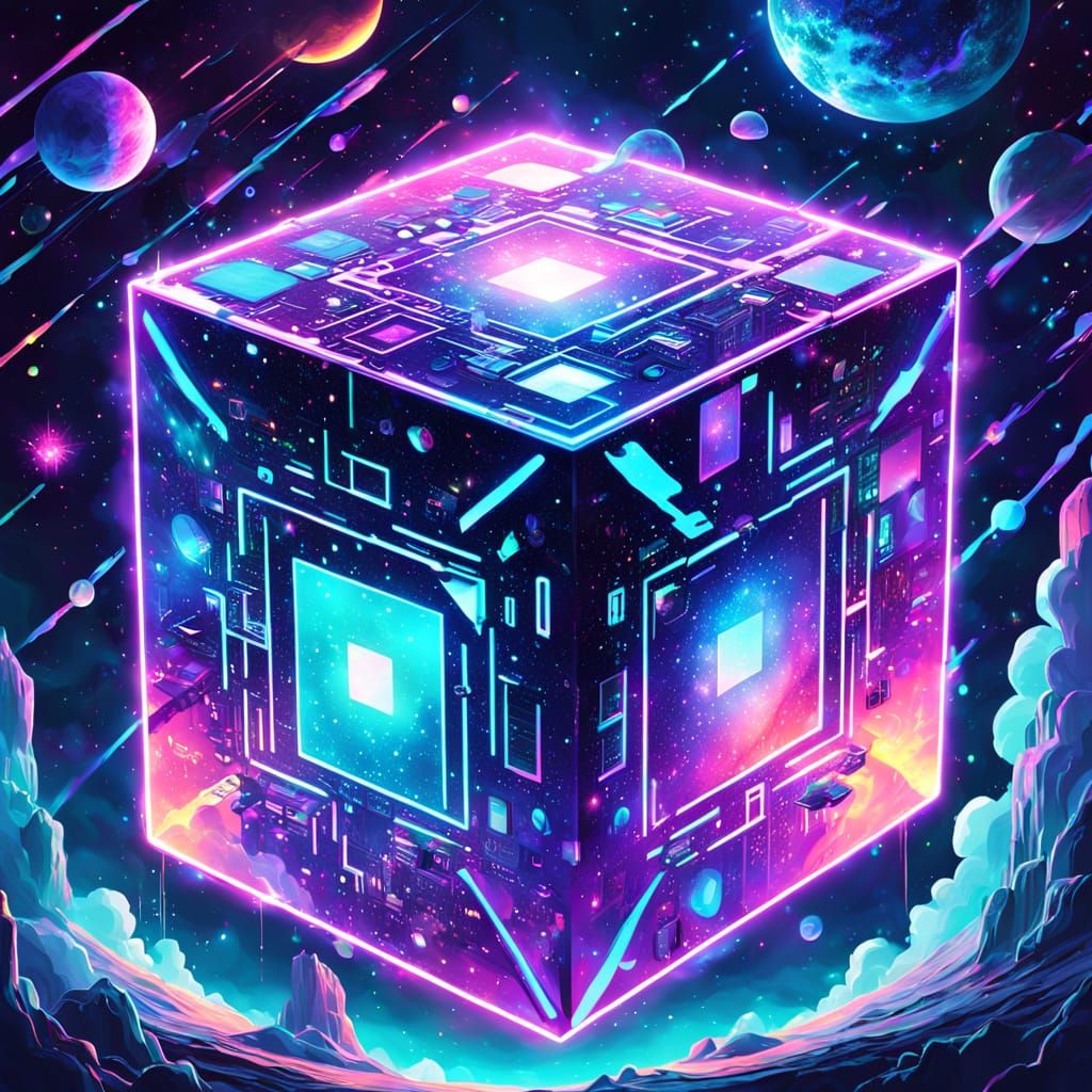 Glowing Cosmic Cube in Vibrant Iridescent Hues