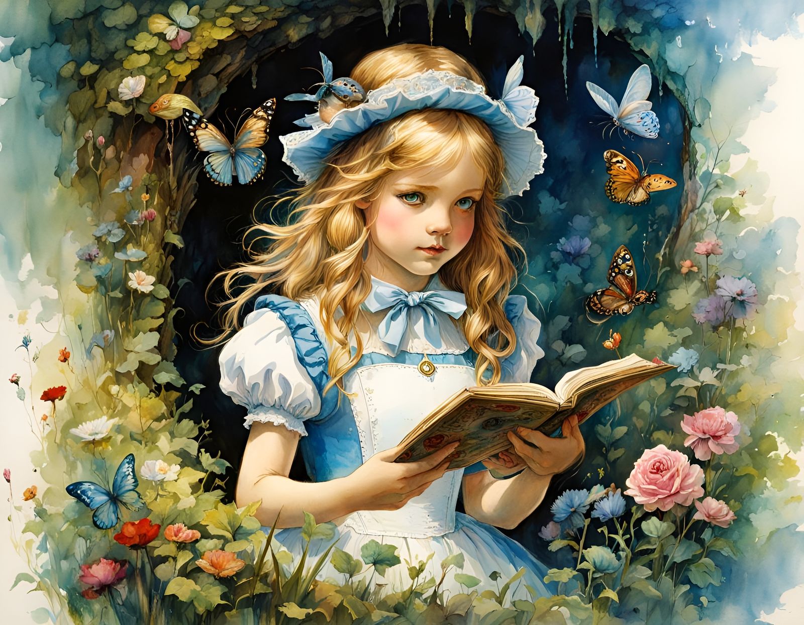 Alice in Wonderland Enters Rabbit Hole, Watercolor Art