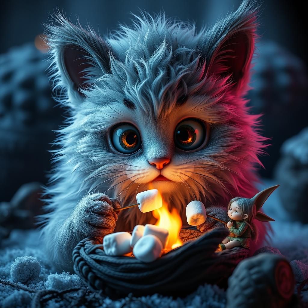 Whimsical Cat Creature Toasts Marshmallows in Frozen Tundra