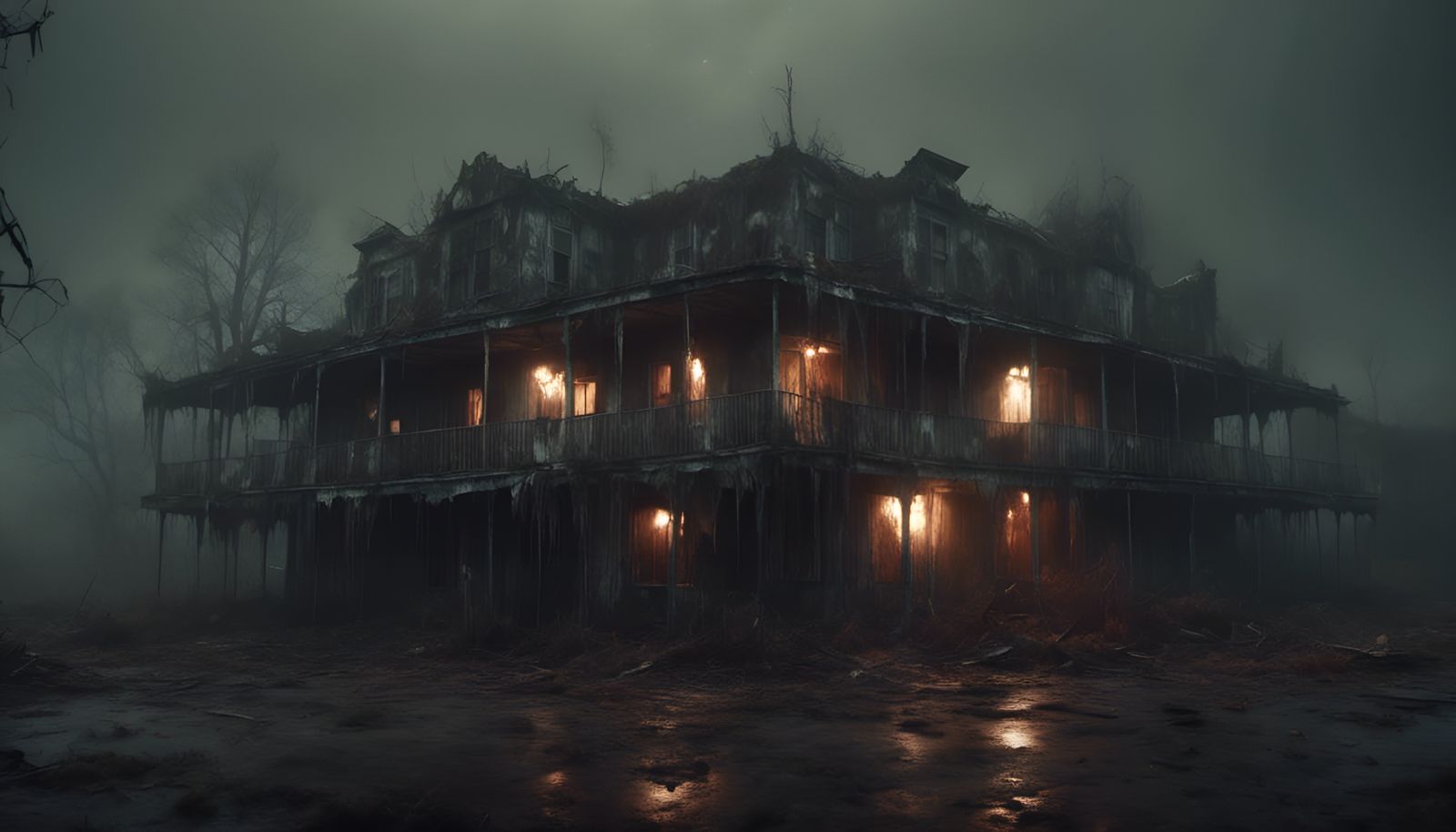 Creepy Post-Apocalyptic Motel in Haze at Night