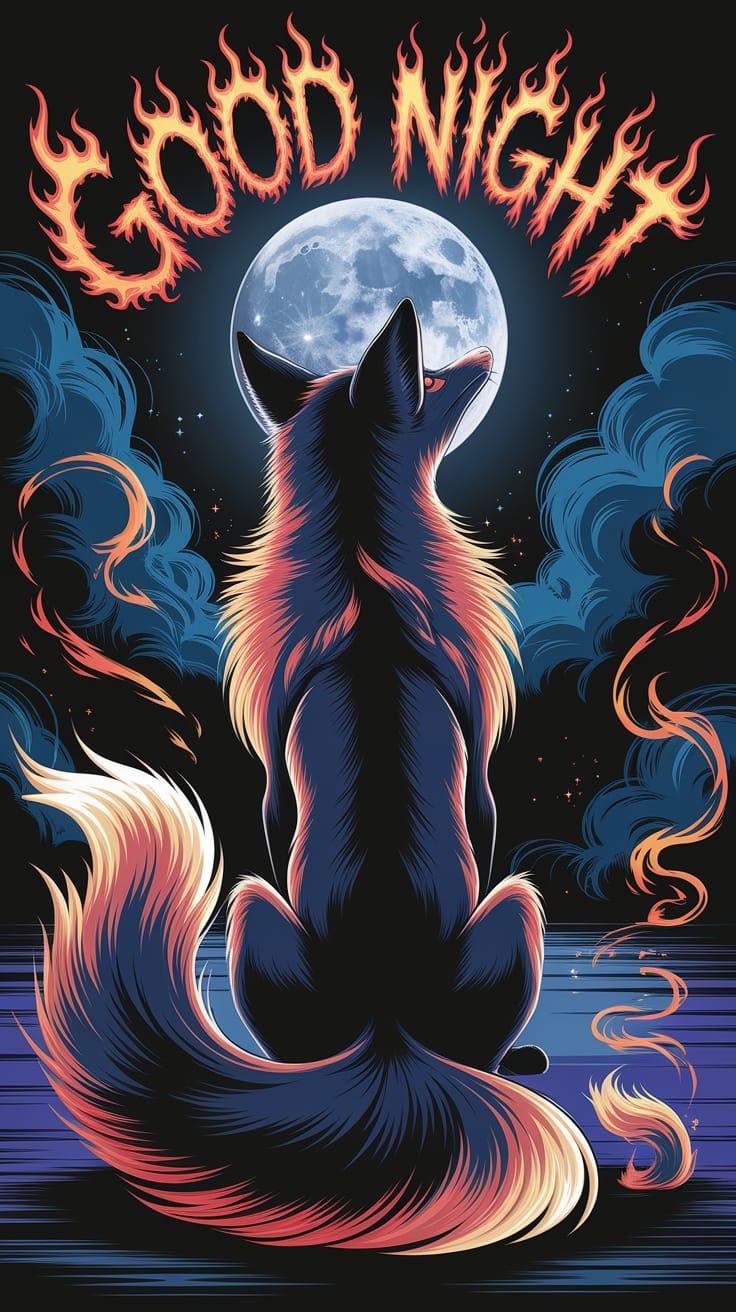 Majestic Dark Fox Illuminated by Fiery Flames and Lunar Ligh...