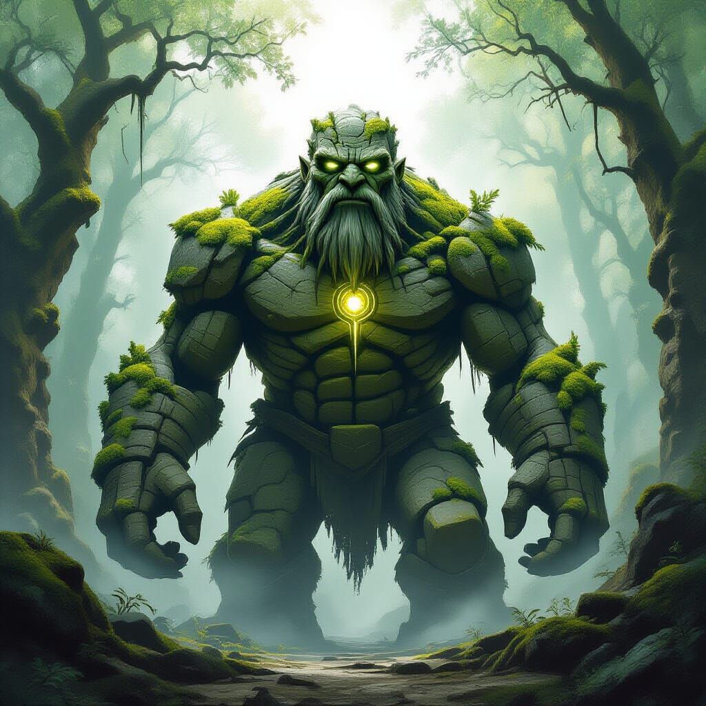 Ancient Stone Golem in Misty Forest
