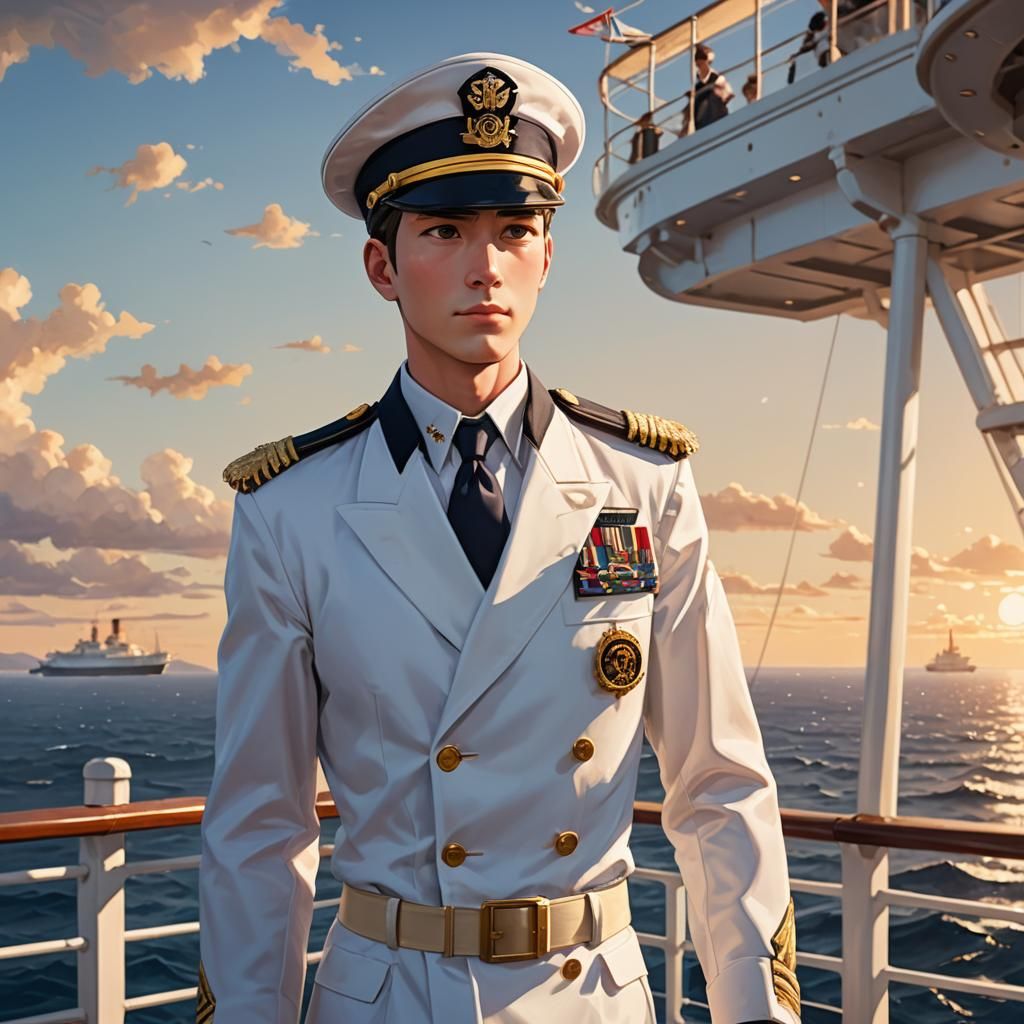 Anime-Inspired Captain on Ocean Liner