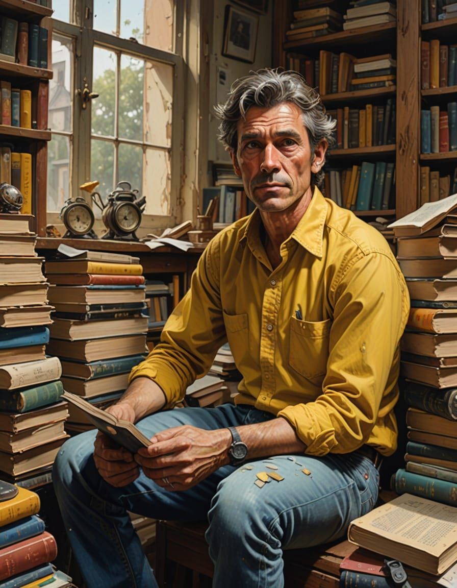Vibrant Hyperrealistic Portrait of a Man in a Cluttered Room