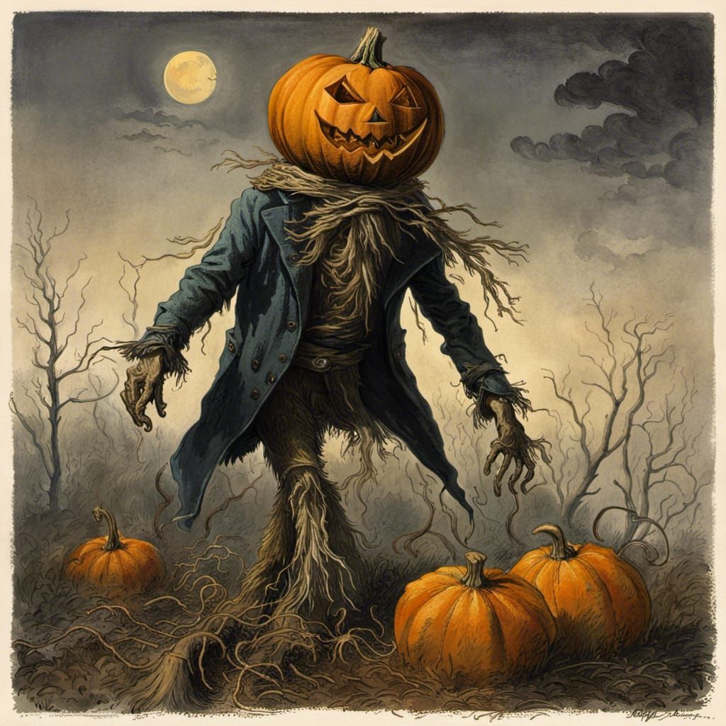 Horror Pumpkin Scarecrow in Doré Style